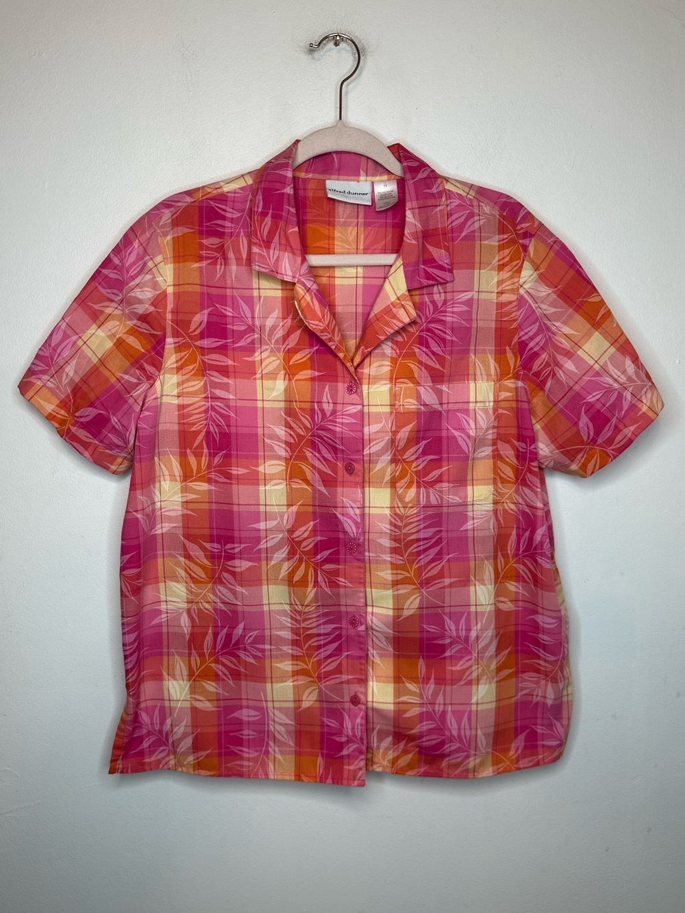 Alfred Dunner Women’s Pink Orange Yellow Plaid Tropical Button Up Tee Size 14